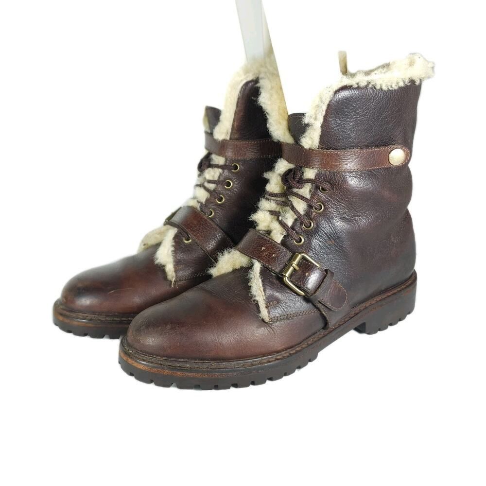 RALPH LAUREN POLO SPORTSMAN Women US10B Brown Leather LaceUp Wool Shearling Boot